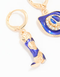 Gold Blue Enamel Mixed Cowgirl Huggie Earrings - link has visual effect only