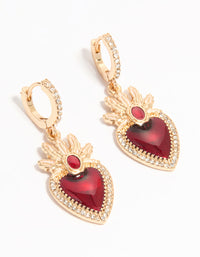 Gold Red Enamel Flaming Heart Huggie Earrings - link has visual effect only