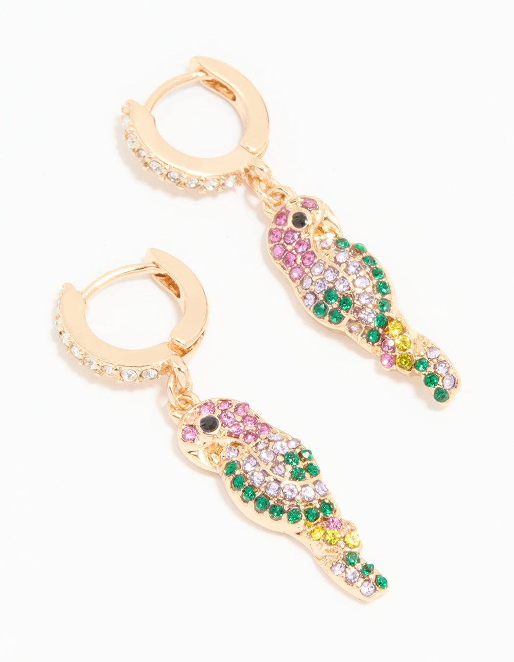 Gold Multicoloured Diamante Parrot Huggie Earrings