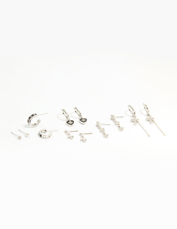Silver Cross & Heart Stud & Huggie Earring Pack
