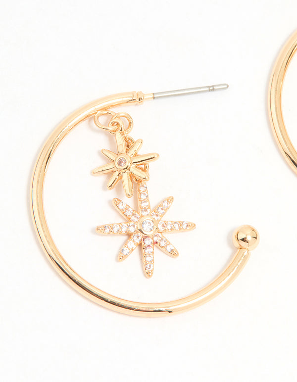 Gold Cubic Zirconia Star Charm Hoop Earrings