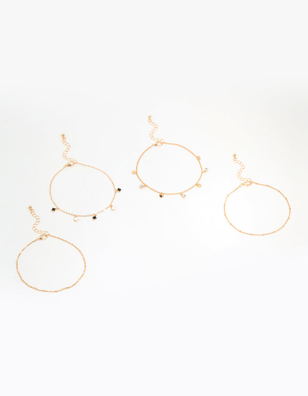 Gold Enamel Flower & Twisted Anklets 4-Pack