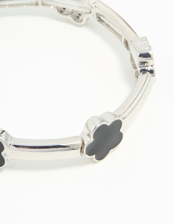 Silver Black Floral Stretch Bracelet