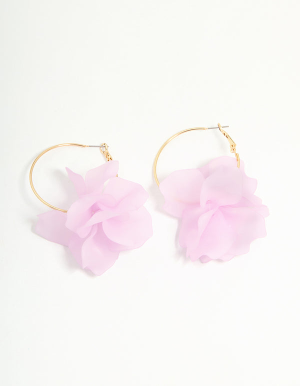 Gold Pink Acrylic Petal Hoop Earrings