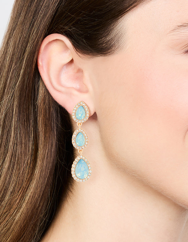 Gold Blue Diamante Pear Drop Earrings