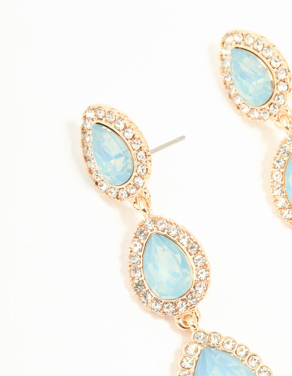 Gold Blue Diamante Pear Drop Earrings