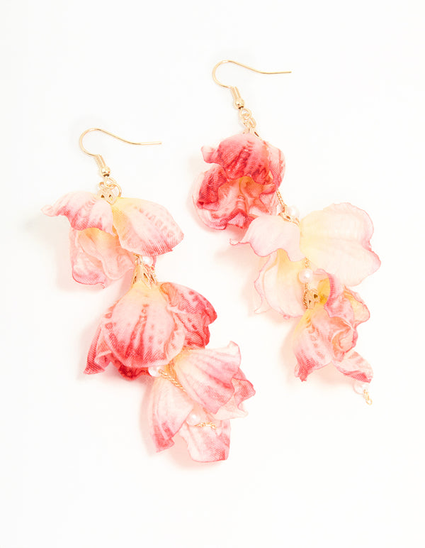 Pink Fabric Flower Drop Hook Earrings