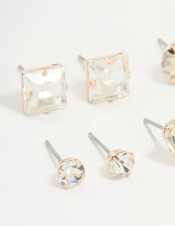 Rose Gold Diamante Mixed Cut Stud Earrings 5-Pack