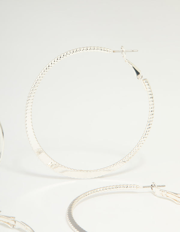 Silver Textured & Plain Hoop Earrings 2-Pack