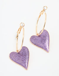 Gold Purple Sparkle Heart Drop Hoop Earrings - link has visual effect only