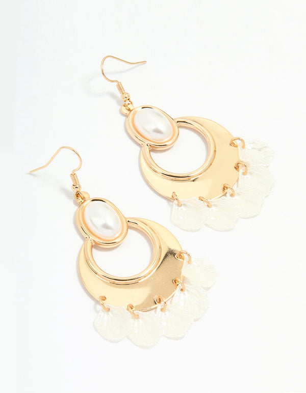 Gold Pearl Oval Petal Drop Earrings
