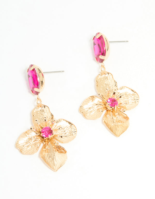 Gold Pink Diamante Hammered Flower Drop Earrings