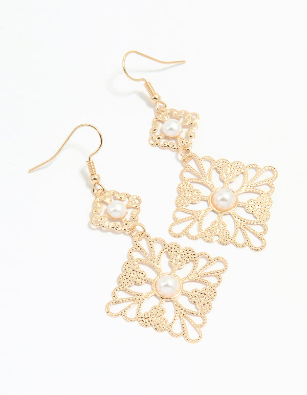 Gold Pearl Filigree Tiered Drop Earrings