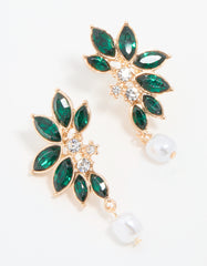Gold Green Diamante & Pearl Marquise Stud Earrings