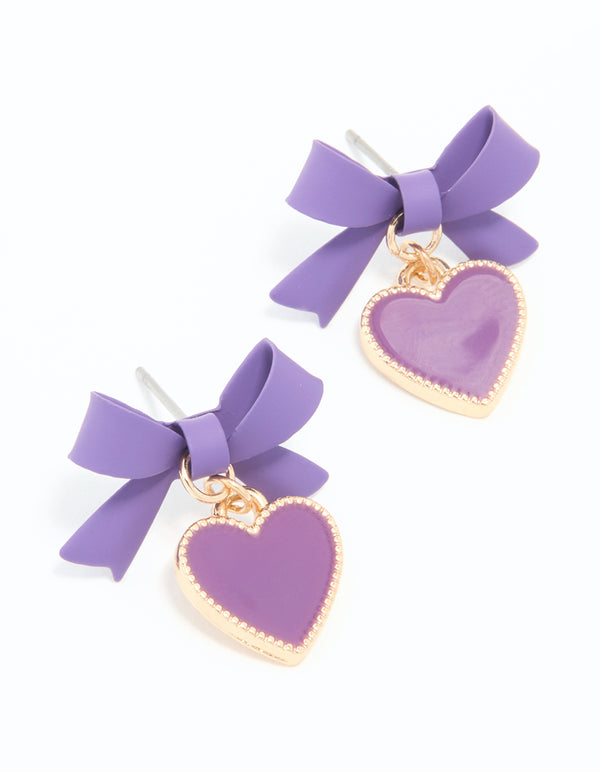 Gold Light Purple Coated Metal Bow Heart Drop Stud Earrings