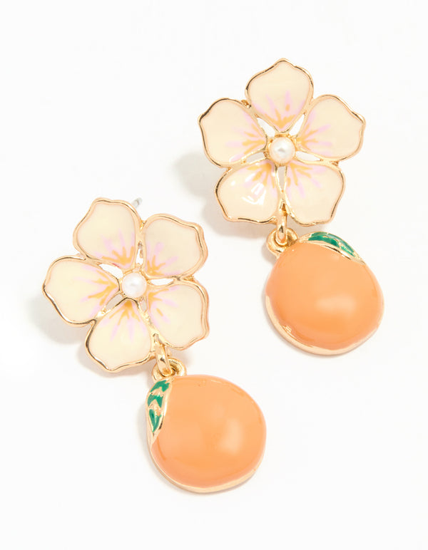 Gold Pearl Flower& Orange Drop Earrings