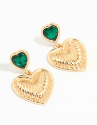 Gold Green Diamante Tiered Heart Drop Earrings - link has visual effect only