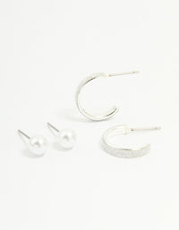 Silver Glitter Paper & Pearl Stud Earrings 2-Pack - link has visual effect only