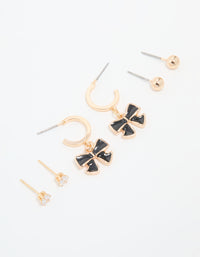 Gold Diamante & Black Bow Drop Earrings 3-Pack - link has visual effect only