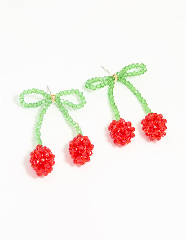 Beaded Red Cherry Bow Drop Earrings