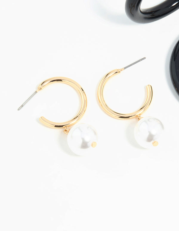 Gold & Dark Blue Pearl  Drop Hoop Earrings 3-Pack