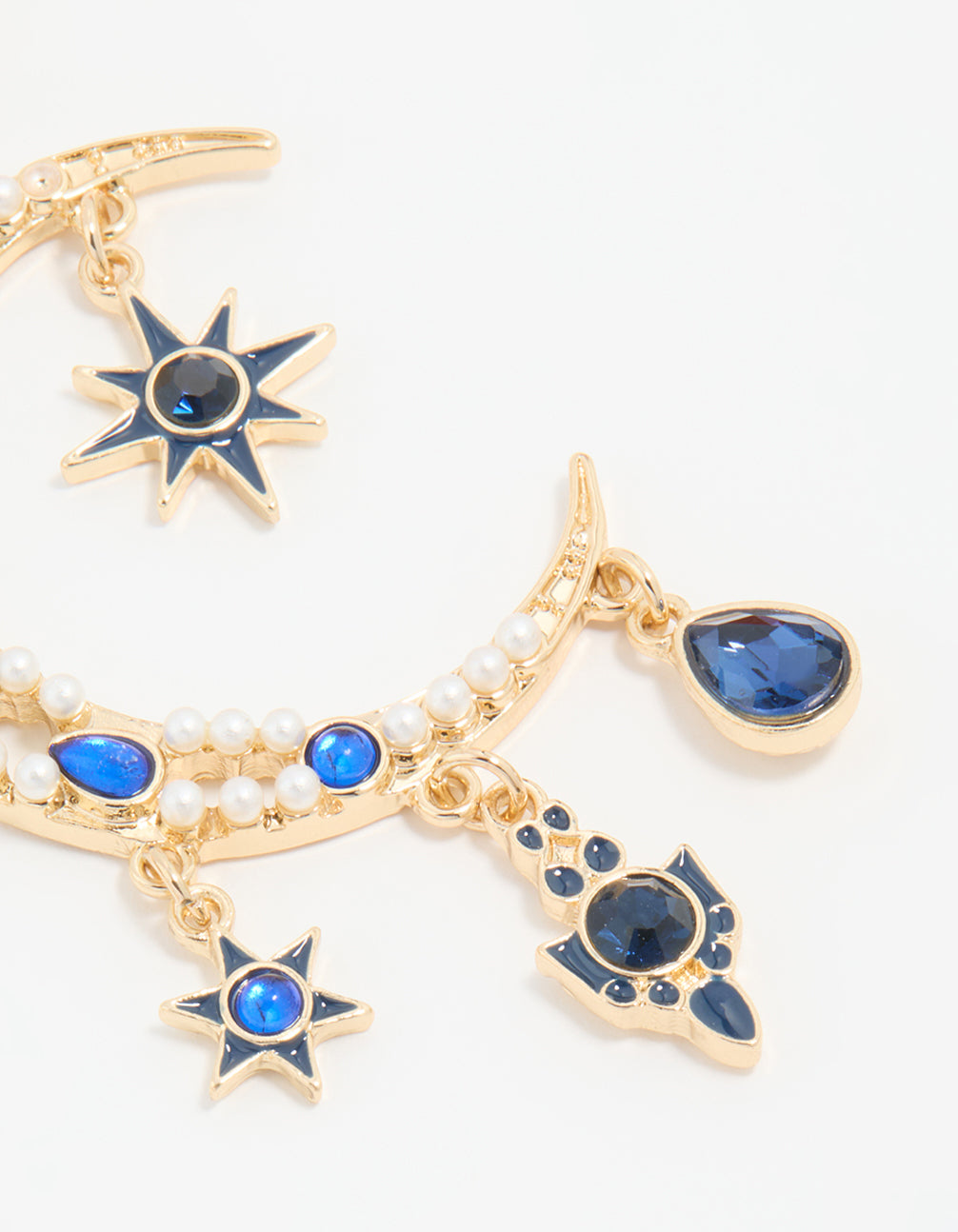 Gold Pearl Blue Diamante Celestial Drop Earrings