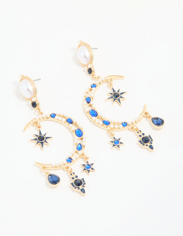 Gold Pearl Blue Diamante Celestial Drop Earrings