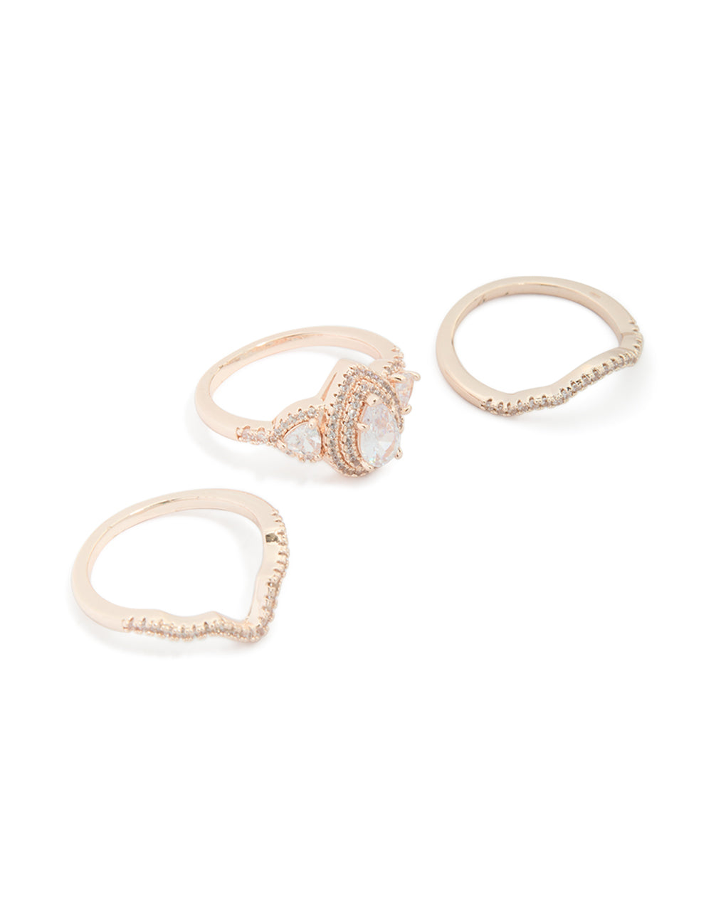 Featuring rose gold pearl stacking rings in a dainty 3-pack front view