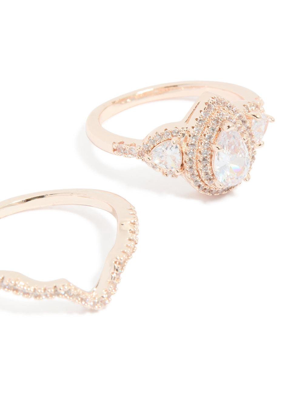Designed with rose gold pearl stacking rings in a dainty 3-pack close up view