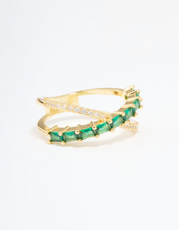 Gold Plated Green Cubic Zirconia Criss Cross Ring