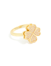 Showcasing waterproof gold plated stainless steel spinning clover ring with floral and heart design front view - link has visual effect only