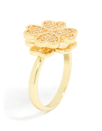 Highlighting waterproof gold plated stainless steel spinning clover ring with floral and heart design side detail view - link has visual effect only