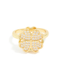 Presenting waterproof gold plated stainless steel spinning clover ring featuring floral and heart design close up view - link has visual effect only