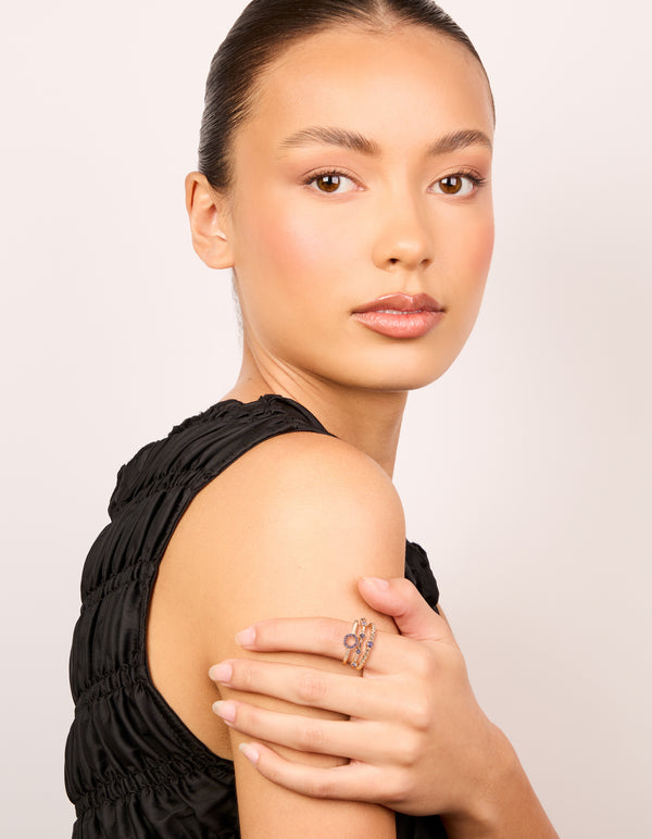 Rose Gold Purple Diamante Rings 3-Pack