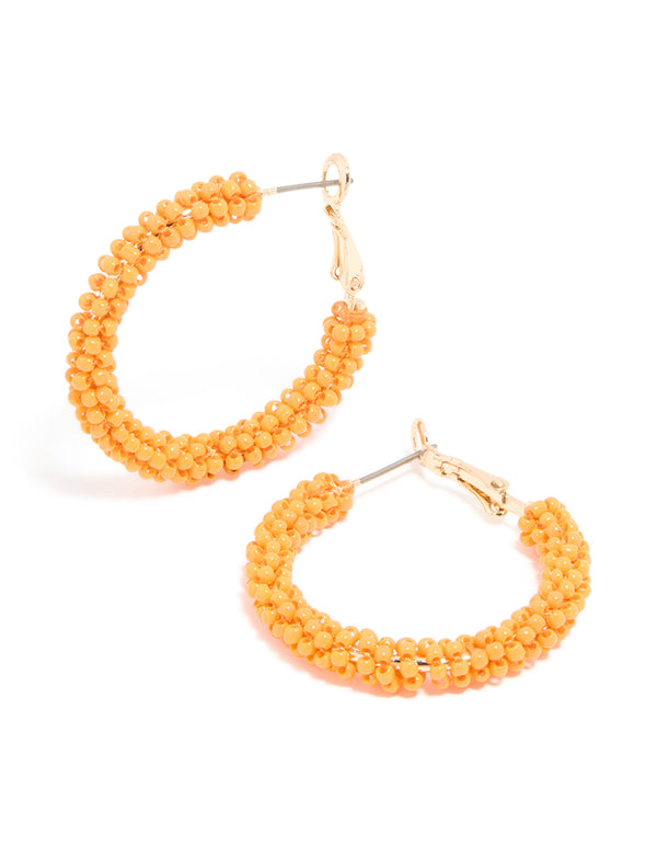 Gold Orange Beaded Hoop Earrings