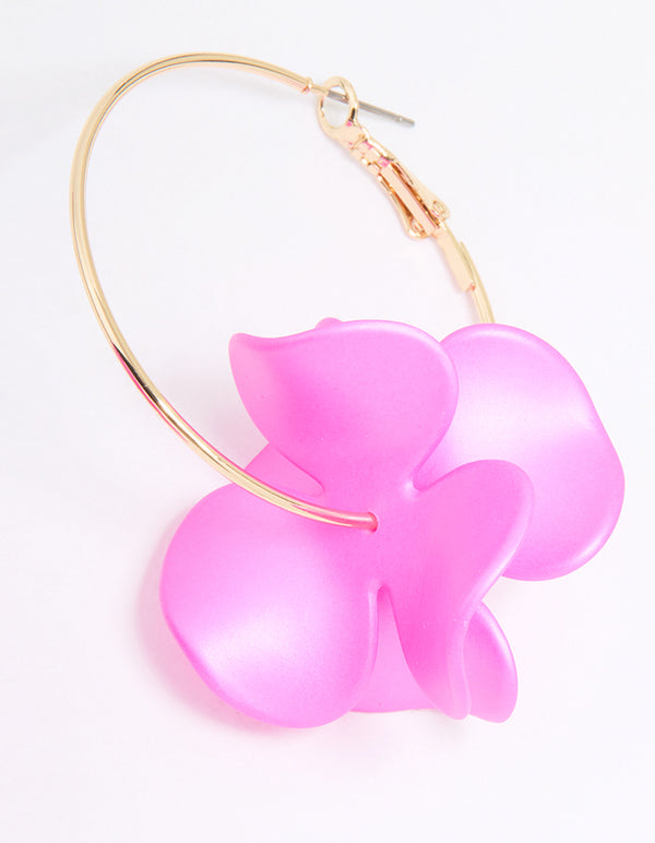 Gold Pink Pearlised Flower Hoop Earrings