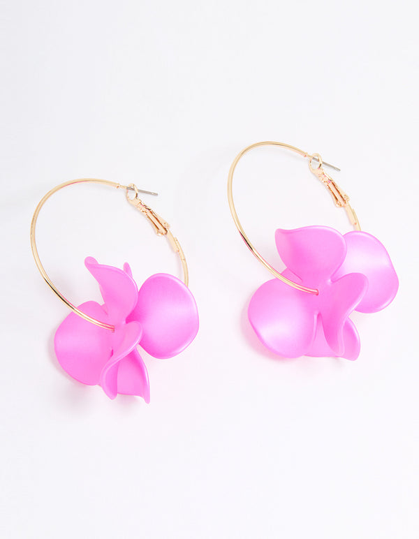 Gold Pink Pearlised Flower Hoop Earrings