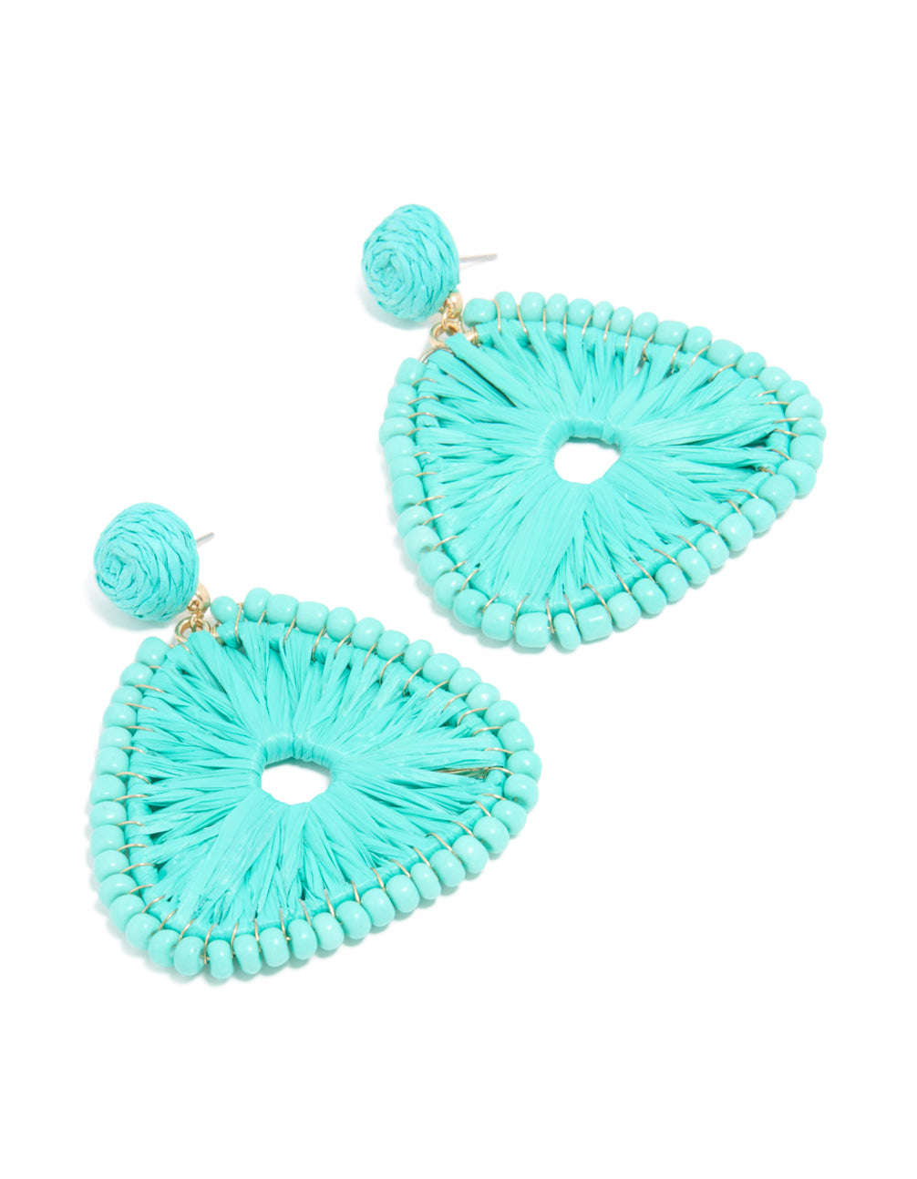 Gold Aqua Blue Raffia Triangular Drop Earrings
