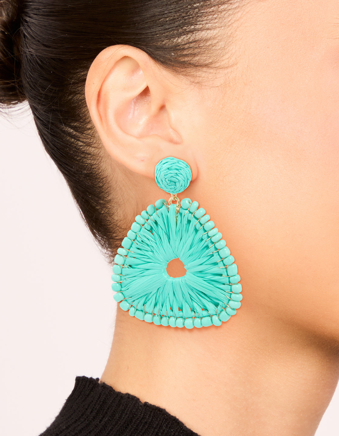 Gold Aqua Blue Raffia Triangular Drop Earrings