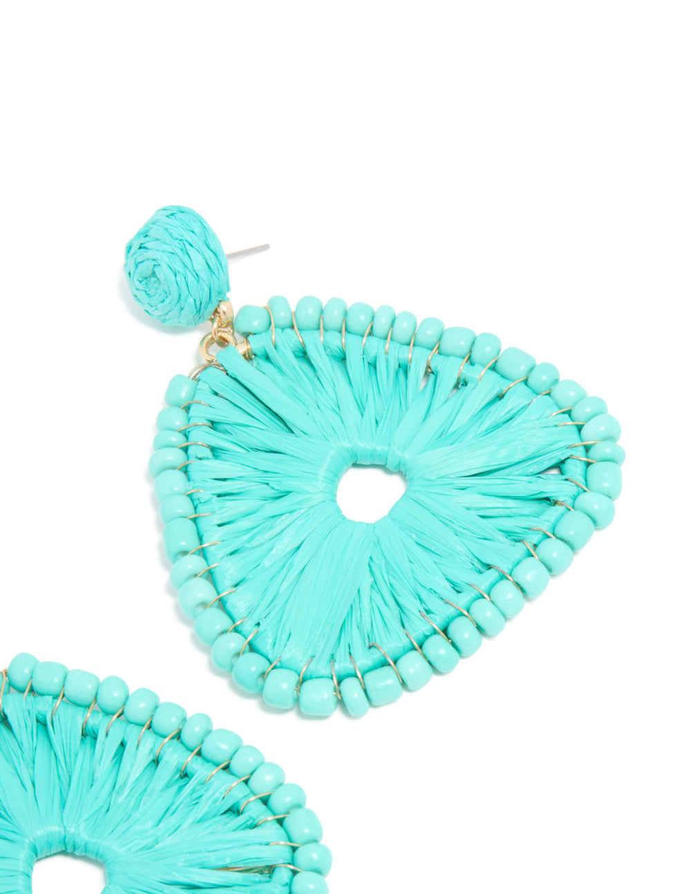 Gold Aqua Blue Raffia Triangular Drop Earrings