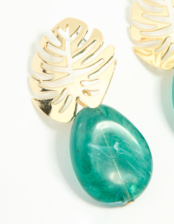 Gold Blue Stone Leaf Drop Earrings