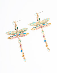 Gold Multicoloured Diamante Dragonfly Drop Earrings - link has visual effect only