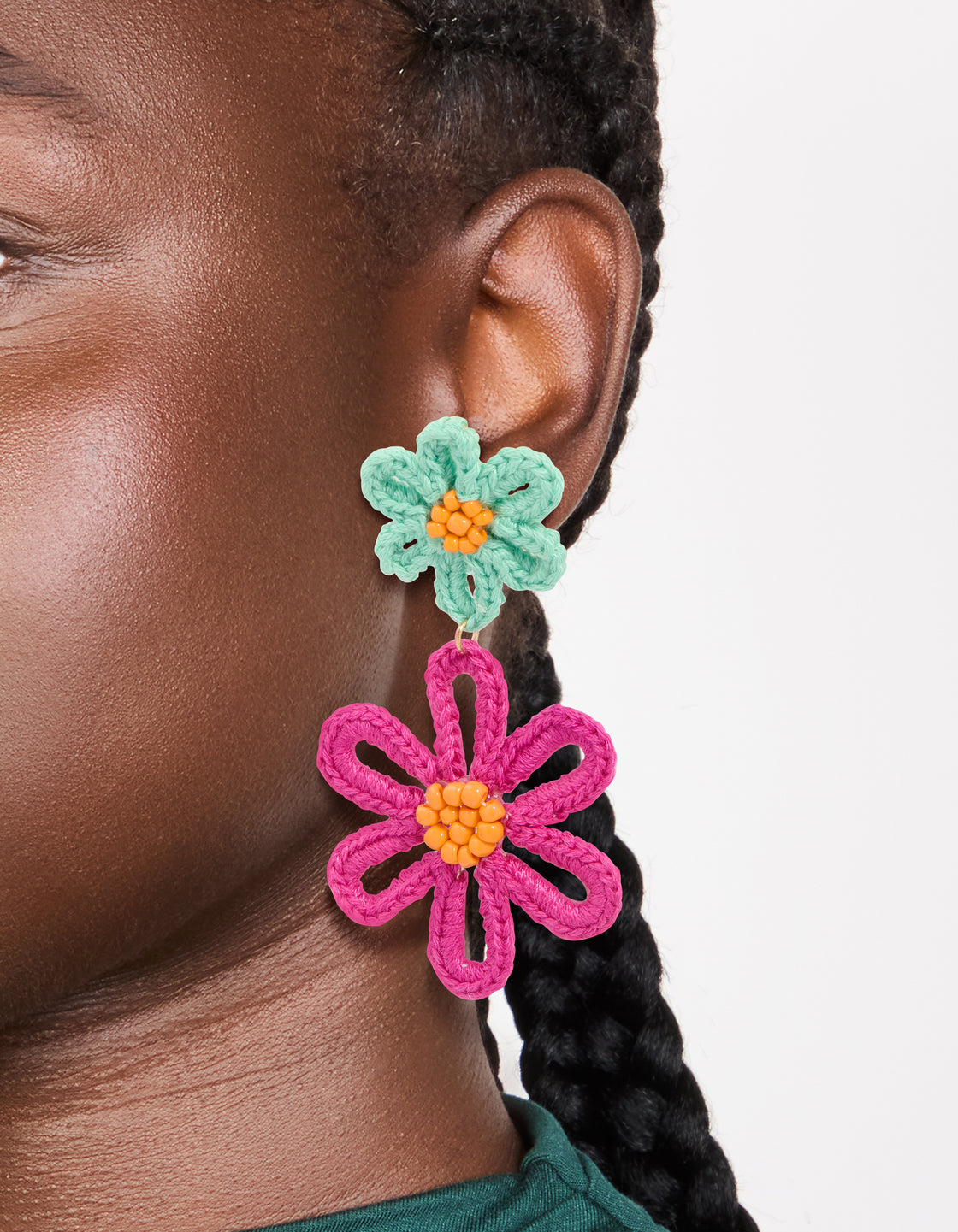 Gold Double Blue & Pink Statement Flower Drop Earrings