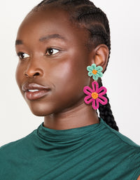Gold Double Blue & Pink Statement Flower Drop Earrings - link has visual effect only