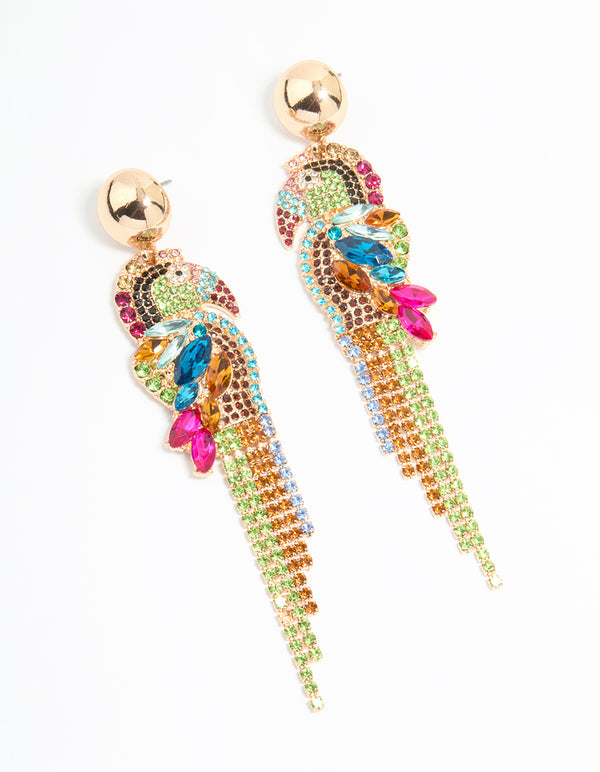Gold Multicoloured Diamante Parrot Drop Earrings