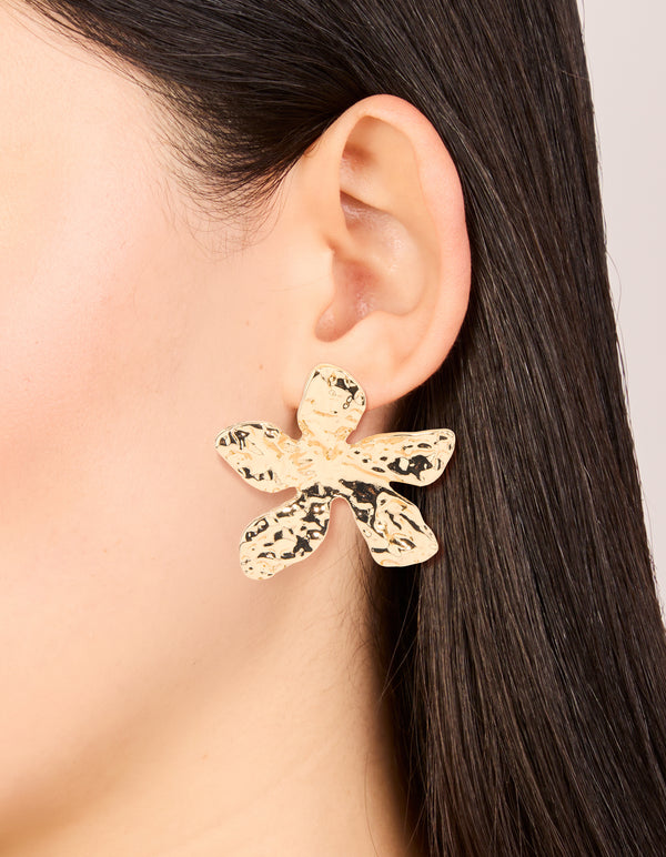 Gold Textured Flower Large Stud Earrings