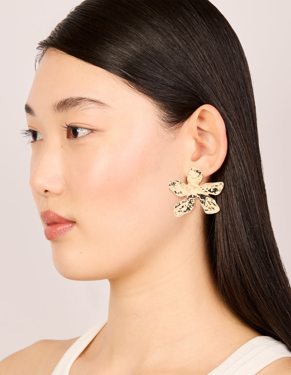 Gold Textured Flower Large Stud Earrings