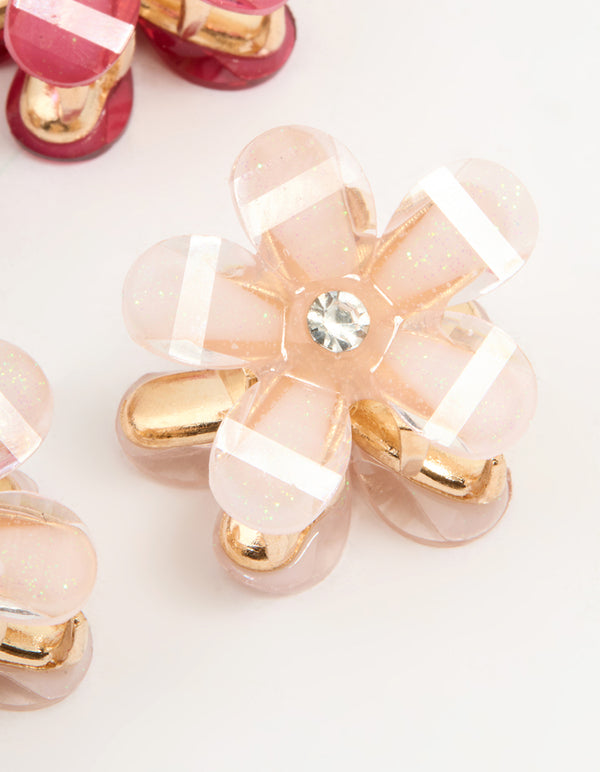 Gold Diamante Pink & Cream Mini Flower Claw Clips 6-Pack
