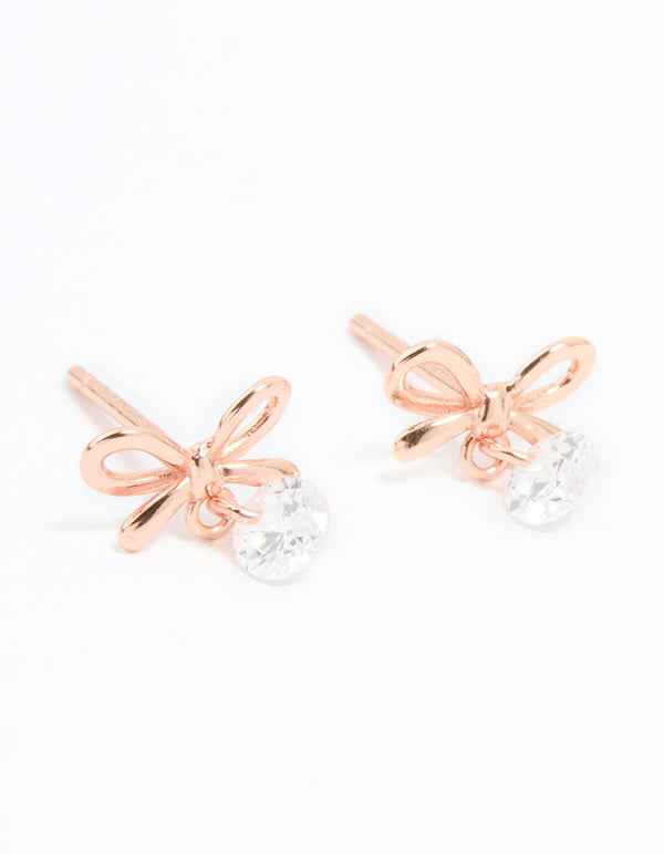 Rose Gold Plated Sterling Silver Cubic Zirconia Bow Earrings