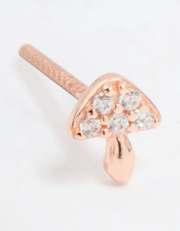 Rose Gold Plated Sterling Silver Cubic Zirconia Tiny Mushroom Stud Earrings